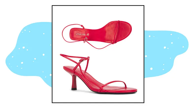 A strappy red kitten heel sandal.
