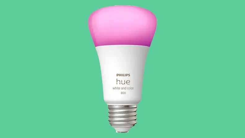Close up of a pink LED lightbulb.