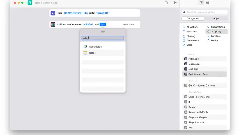 A screenshot of the Shortcuts app on macOS Monterey, showing how an example shortcut can be built to toggle Do Not Disturb and open two apps side-by-side.