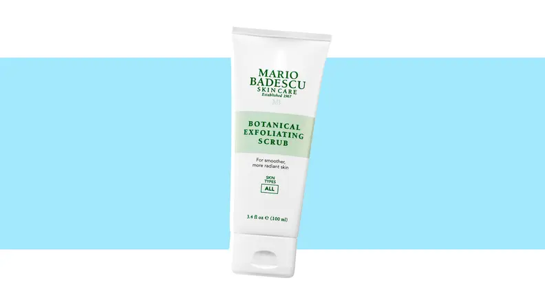 A tube of exfoliating scrub against a blue background.