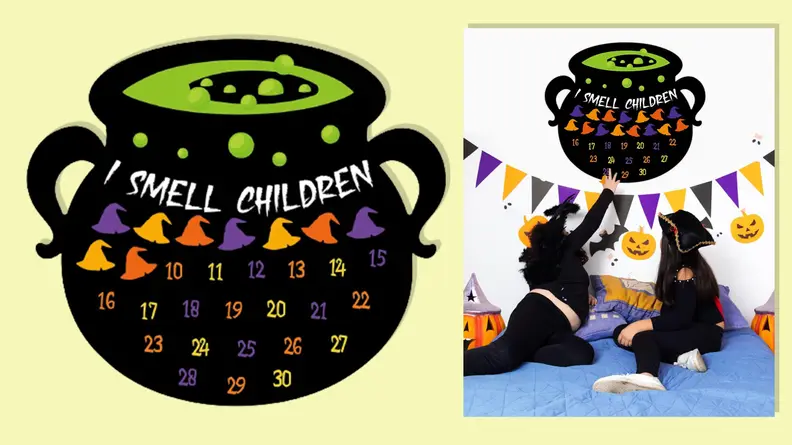 Countdown to Halloween for 30 Days Witch Cauldron calendar and kids using it on a light yellow background.