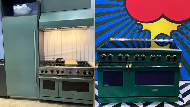 Left: Sage Viking kitchen set with range, hood, and fridge. Right: Emerald green Viking range with gold hardware