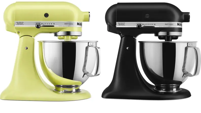 A neon green and black stand mixer, side by side.