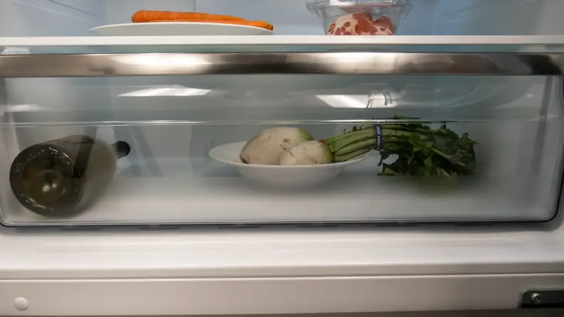 A close-up of the fridge's singular crisper drawer, with a root vegetable in it for scale.