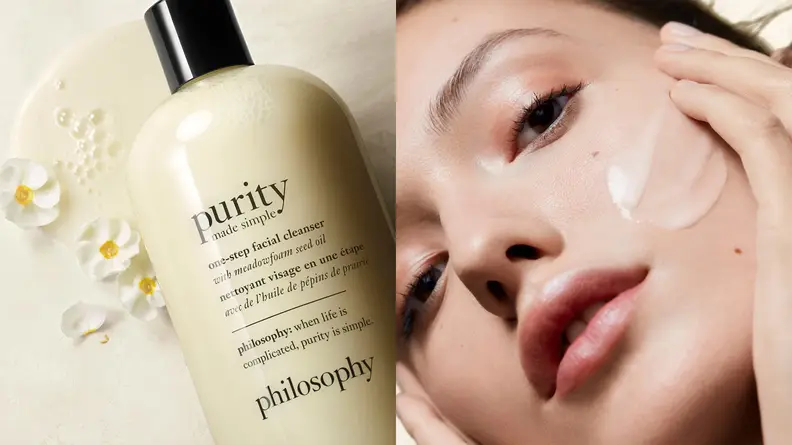 On the left: The Philosophy Purity Made Simple Cleanser's yellow and black bottle lays diagonally across a light yellow background with small flowers on it. On the right: A person tilts their head back and stares at the camera as they apply the Philosophy Purity Made Simple Cleanser across their left cheek.