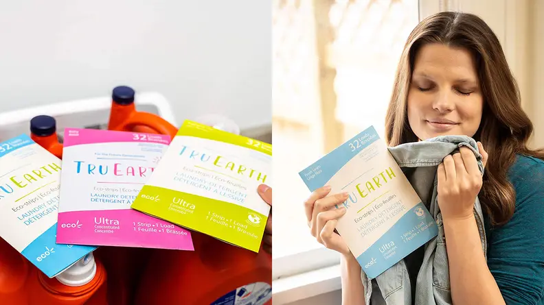 Two images shown side by side. On the left is a collection of Tru-Earth laundry strips. On the right a woman is holding a package of Tru-Earth strips and is sniffing a denim jacket. She seems happy with the aroma.