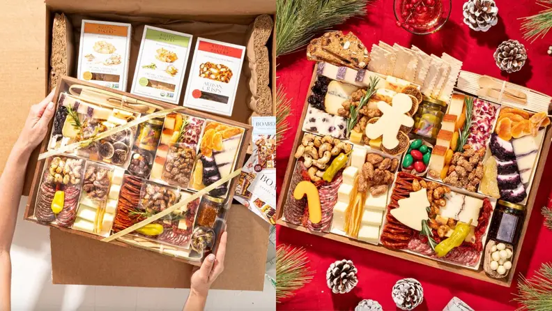 Two pre-packaged charcuterie boards filled with artesan cheeses and snacks.