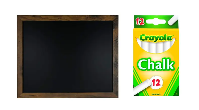 A large chalkboard is pictured next to a 12-pack of white chalk.