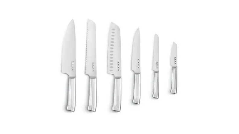 Six stainless steel knives arranged from largest to smallest.