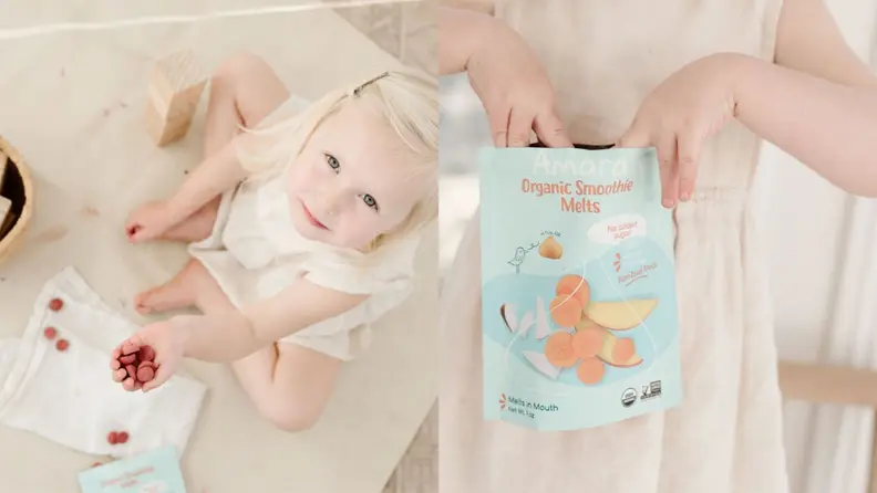 Left: Overhead photo of a child eating round, red colored smoothie melts. Right: A child dressed in white reaches into a bag of smoothie melts.