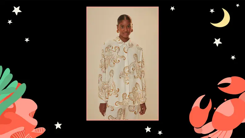 A matching shirt and pants set featuring an octopus print with beaded embroidery.