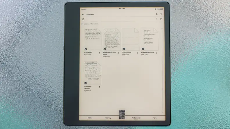 A Kindle Scribe's notetaking interface, open, so that the various notebooks created on the device can be seen.