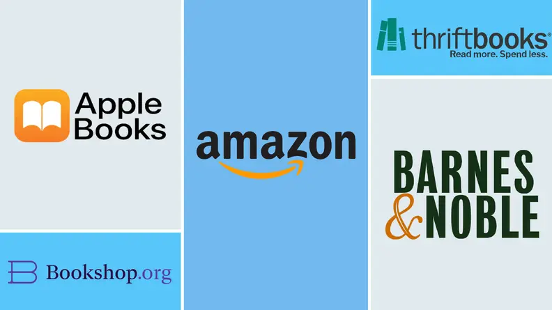 Logos of bookstores against blue backgrounds