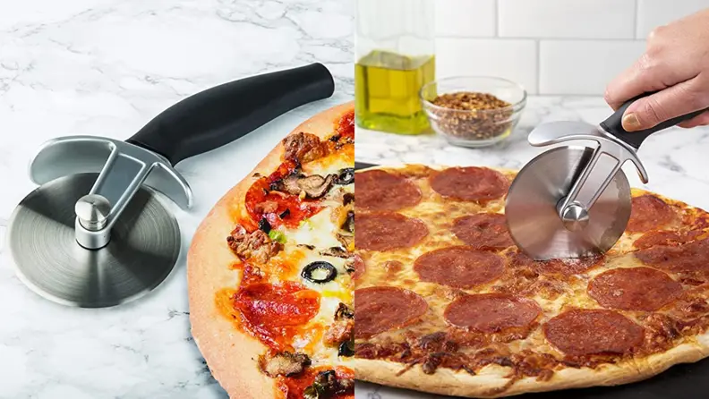 Two photos of a pizza cutter beside a pizza