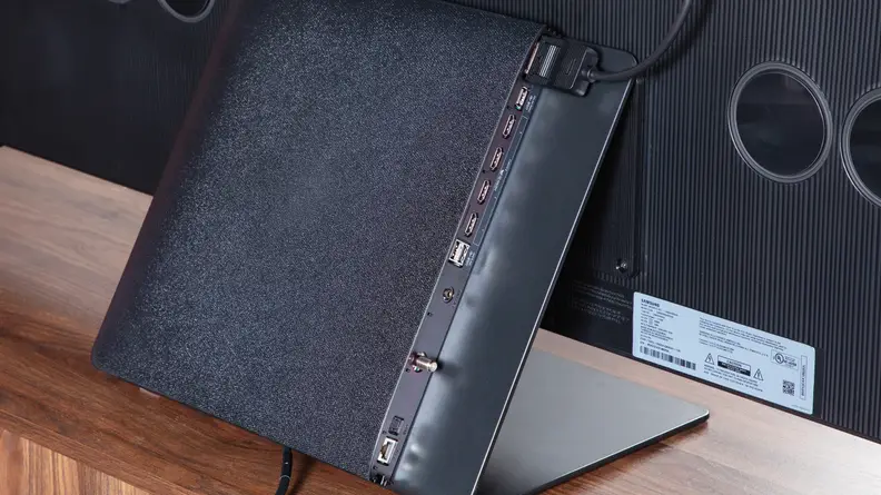A closer view of the One Connect box that houses all of the ports for the Samsung S95D QD-OLED TV.