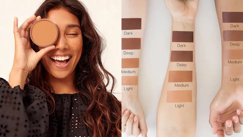 On the left: A person holds the Saie Sun Melt Natural Cream Bronzer in front of their eye while smiling and closing the other eye. On the right: Three arms of different skin tones lay across a white surface with swatches from all of the Saie bronzers on their arms.