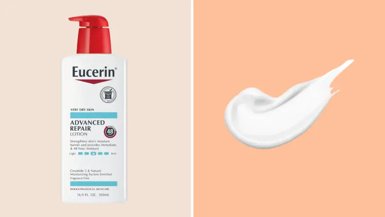 A bottle of Eucerin Advanced Repair Lotion next to a white dollop of the body lotion bottle.
