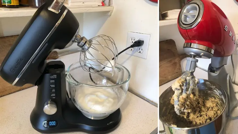 Testing Breville and Smeg stand mixers by whipping eggs and mixing cookie dough