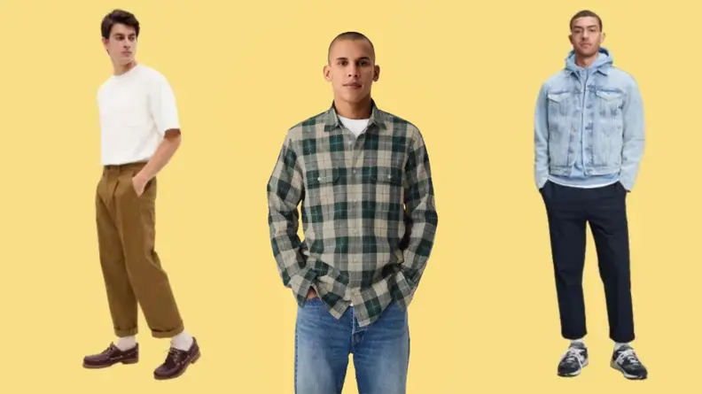 Man wearing a white t-shirt, man wearing green flannel shirt, amd man wearing denim jacket against yellow background