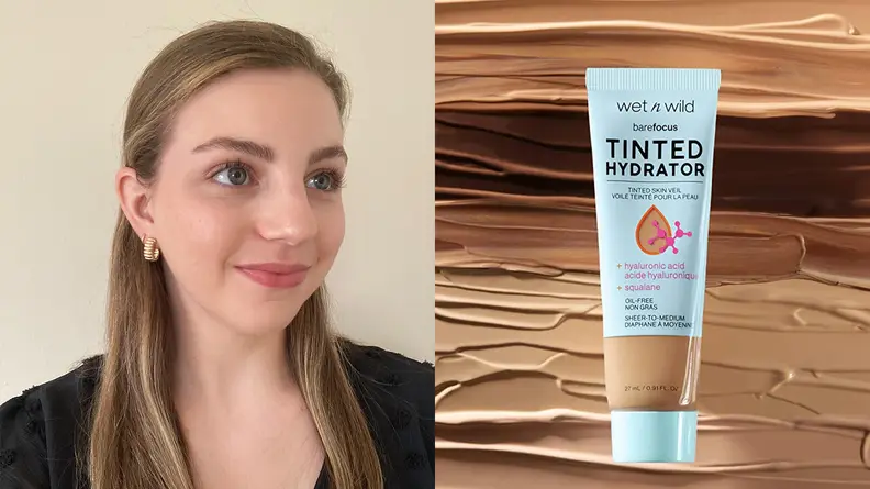 On the left: A person with fair skin and long brown hair wears the Wet n Wild Bare Focus Tinted Hydrator Tinted Skin Veil on their face. On the right: The blue tube of Wet n Wild Bare Focus Tinted Hydrator Tinted Skin Veil stands against a background of different colored skin tints.