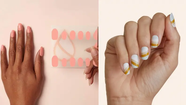 On the left: A sheet of pink Manime nail stickers next to a model's hand. On the right: A model wearing a stripe design of Manime nail stickers