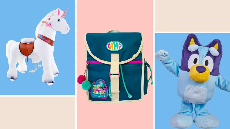 ride on ponty, dancing bluey doll, and CAMP backpack