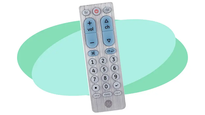GE universal remote on a colorful background