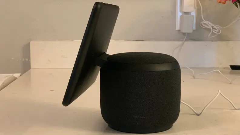 The Echo Show 10 side view showing off the speaker base and spinning smart screen.