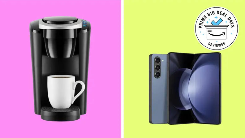 A Keurig coffee maker and a Samsung smartphone with the Prime Big Deal Days Reviewed badge in front of colored backgrounds.