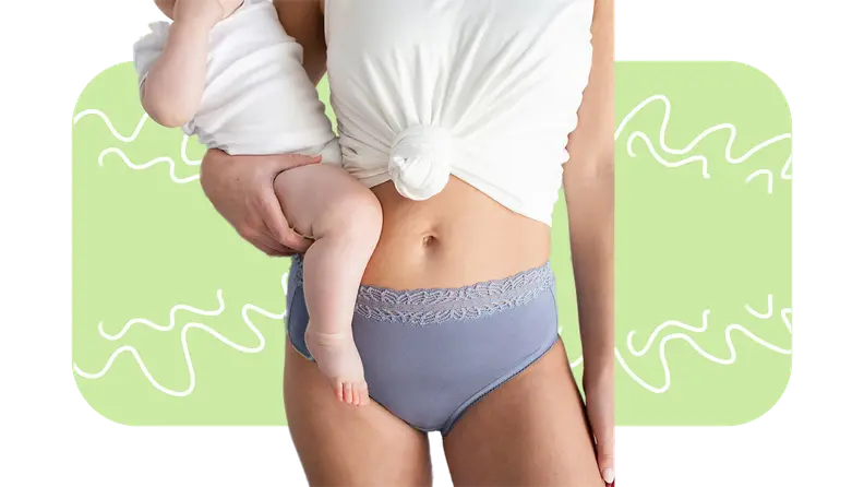 Model holds small infant on hip while wearing blue brief underwear and white tank top that has a knot tied in the middle.