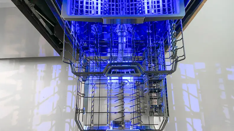 A top-down shot of the Thermador DWHD770WFM dishwasher, with its racks pulled out.