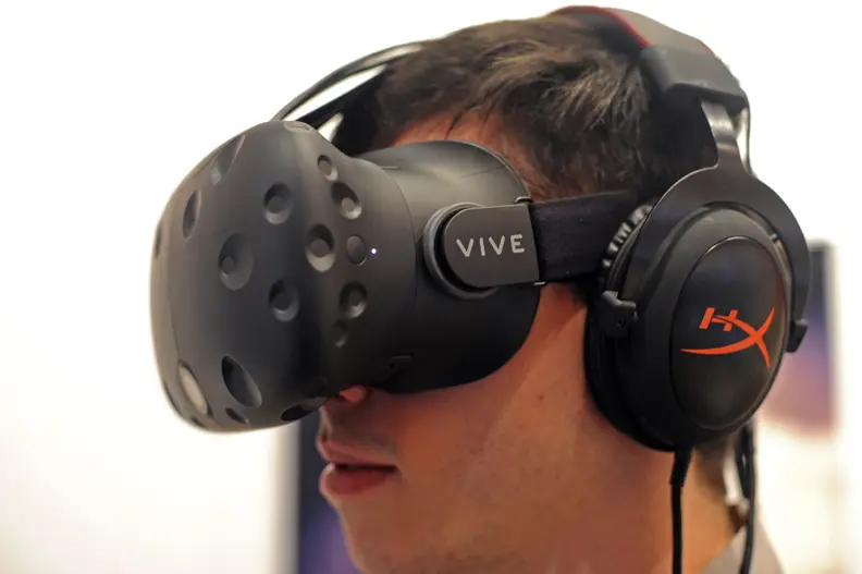 The sensors and camera built into the front of the headset help create a detailed render of the environment for the chaperone system.