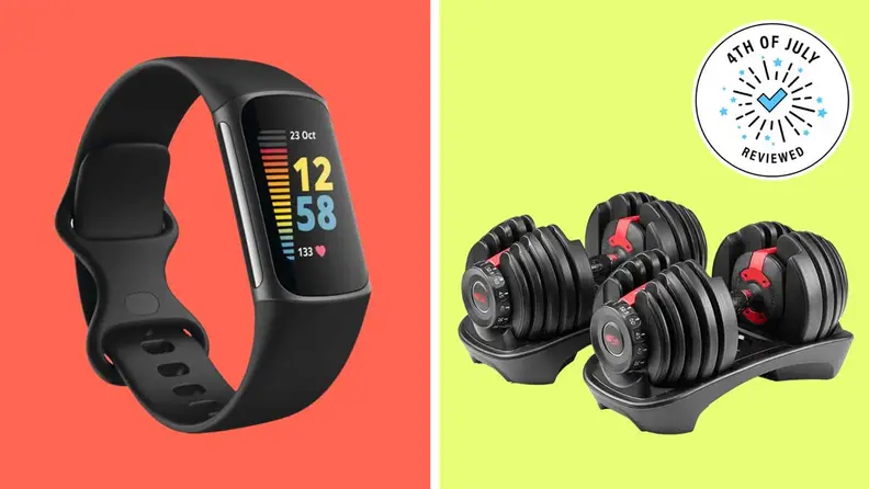 Fitbit watch, Bowflex weights.
