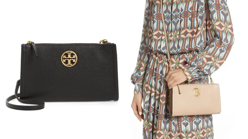 On left, product shot of black Tory Burch Zip Top crossbody bag. On left, woman displaying the sand colored Tory Burch Zip Top crossbody bag on her shoulder.