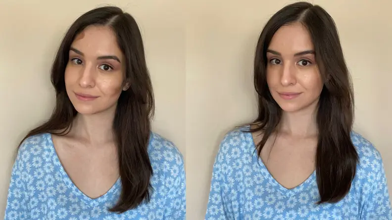 Writer Sara Miranda in a dual image; on the left, with bronzer not yet rubbed in to her face; on the right, with bronzer not yet rubbed into her face; on the right, with the contouring already complete.