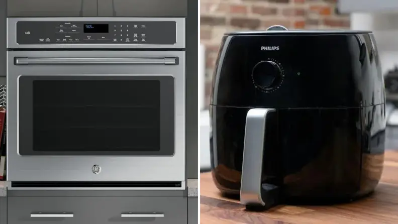 Two images of a wall oven and an air fryer.