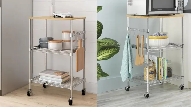 Side-by-side images of a kitchen pantry cart in two different kitchens