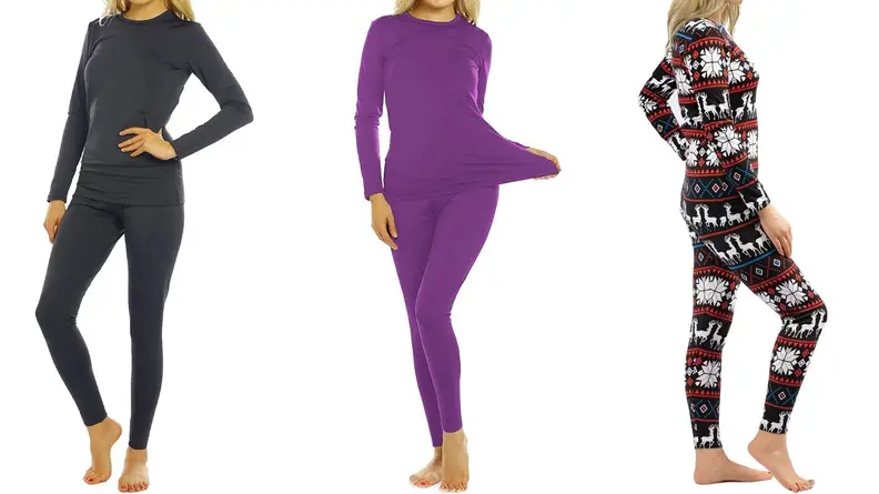 Three images: In the first, a model shows off a set of form-fitting, plain-black pajamas. In the second, a model poses in a purple set of the same style pajamas. On the far right, a model poses in pajamas with an ornate, winter-themed pattern featuring stags.