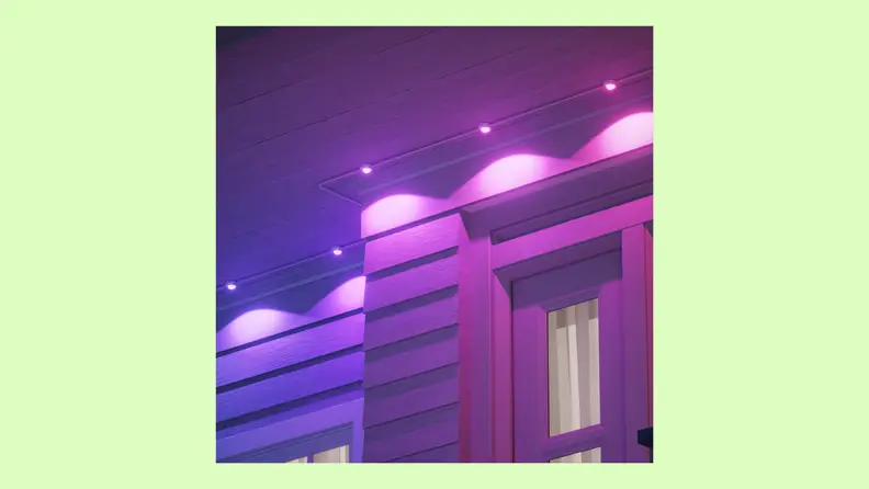 Purple lights shine in sockets outside.