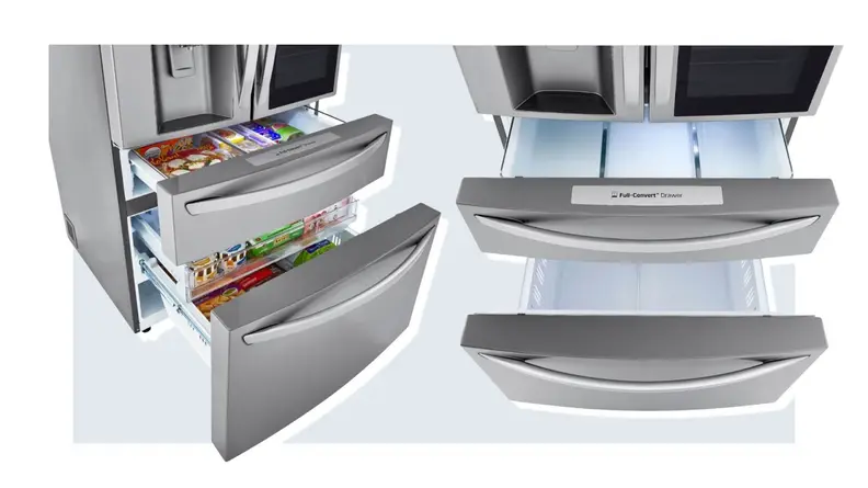 Stainless steel LG LRMVS3006S refrigerator with stacked double freezer drawers opened on top of pale blue background; the left side is filled with assorted frozen foods inside and right side is empty.