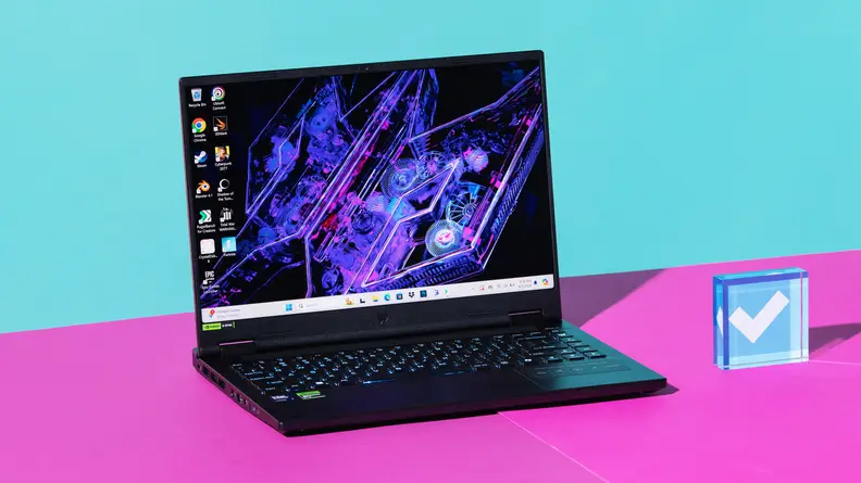 The Acer Predator Helios Neo 14 laptop on a blue background