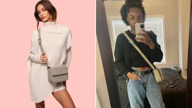 The author taking a mirror selfie wearing the Bandolier Billie Utility Bag, also a shot of a model wearing the same bag with a beige outfit.