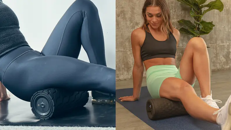 Two women rolling their hamstrings with smart foam rollers.