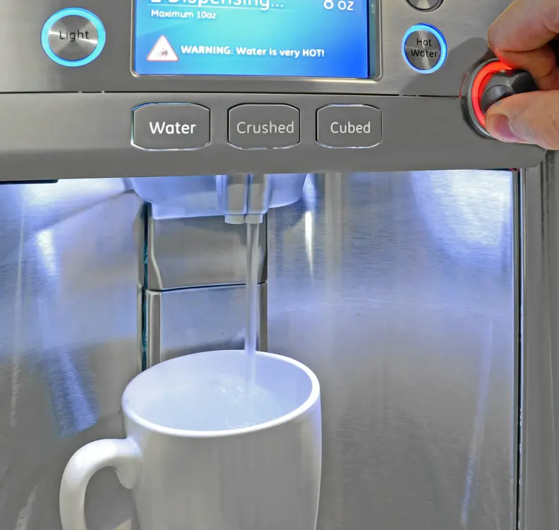 The GE Cafe CFE28TSHSS's dispenser can heat water anywhere from 90°F to 185°F at the push of a button.