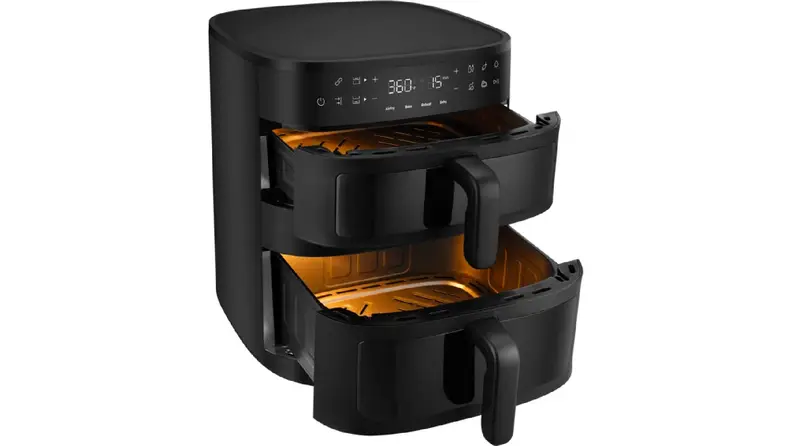 Black Frigidaire DualZone Air Fryer with both baskets open on a white background
