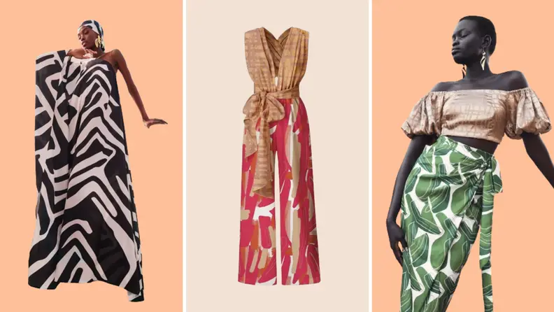 Collage image of a model wearing a black and white maxi dress, a pink and gold jumpsuit, and a model wearing a gold off-the-shoulder top with a green botanical-print pencil skirt.