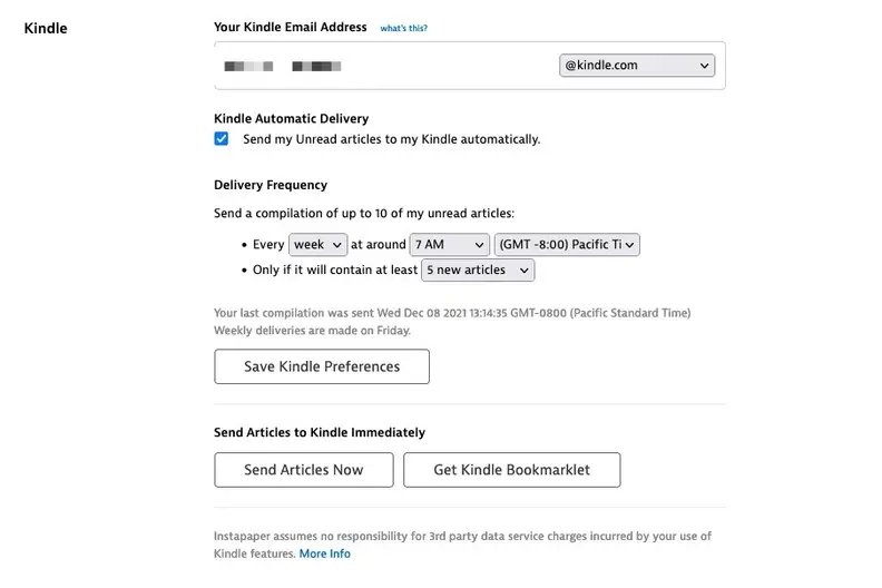 A screenshot showing Instapaper's built-in way to send article digests to your Kindle device.
