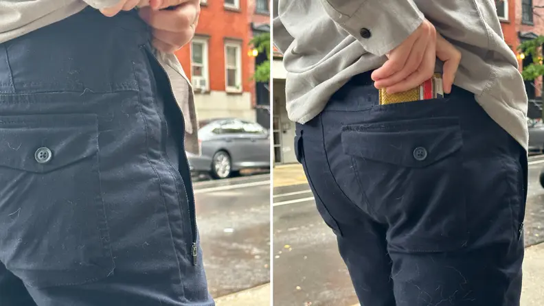 Close-up shots of details on the Roark Layover 2.0 Pants, showing the zipper pocket and the hidden back pocket.