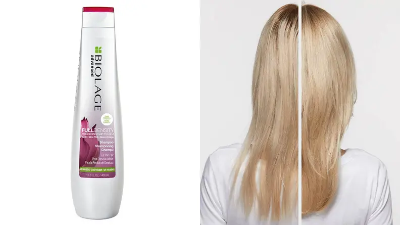 On the left: A tall silver bottle of shampoo from Biolage. On the right: The back of someone's head with long, shiny blond hair. A line goes through it with the left half of the hair looking flat and the right half looking full.