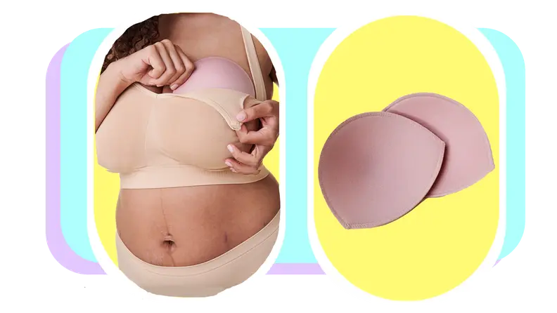 On left, model tucks nursing pad into nude colored maternity bra. On right, set of pink nursing pads.